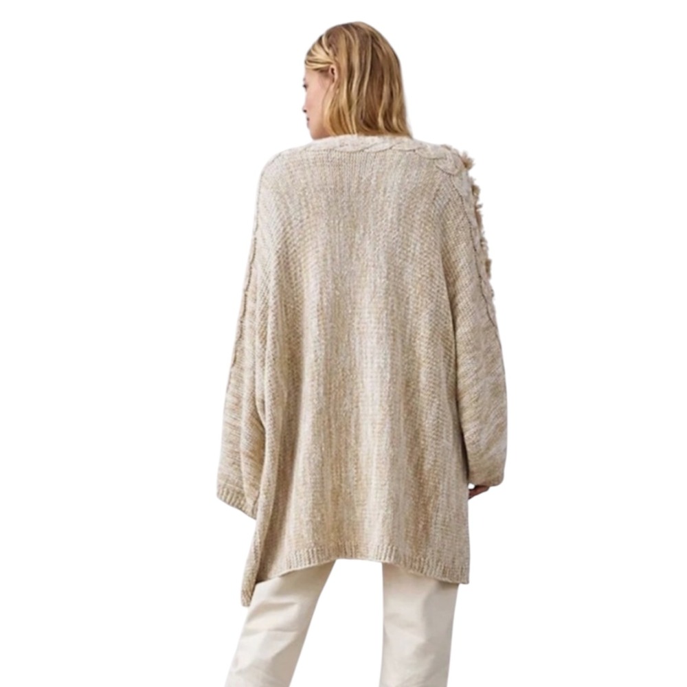 Anthropologie Braided Sleeve Fringe‎ Cable Knit Cardigan Open Front Sweater OS - Picture 3 of 9